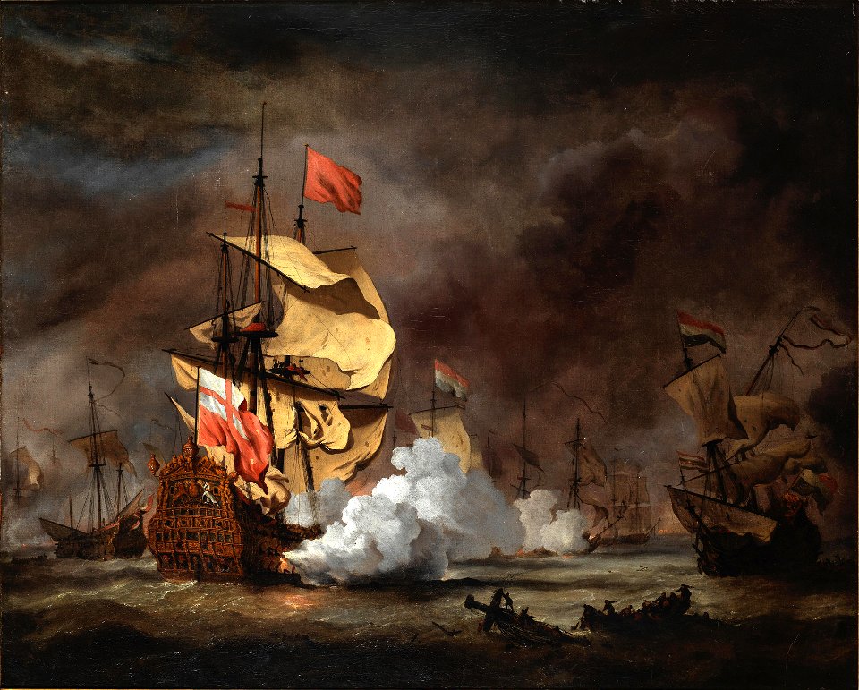 A battle of the Third Anglo Dutch War, probably the London at the Battle of the Texel, August 1673