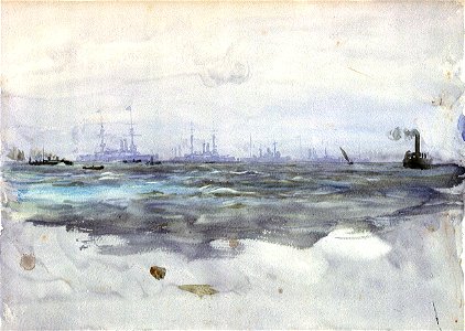A battle fleet at anchor in the distance with a tug and other vessels RMG PU9997