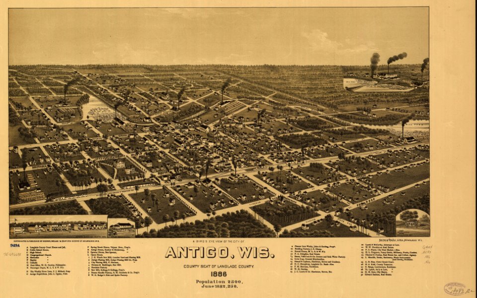 A bird's eye view of the city of Antigo, Wis. county seat of Langlade County 1886. LOC 75696698
