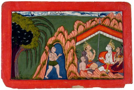 A Bhil hunter approaches a tent where there is a meeting of two monkey leaders (6125122444)