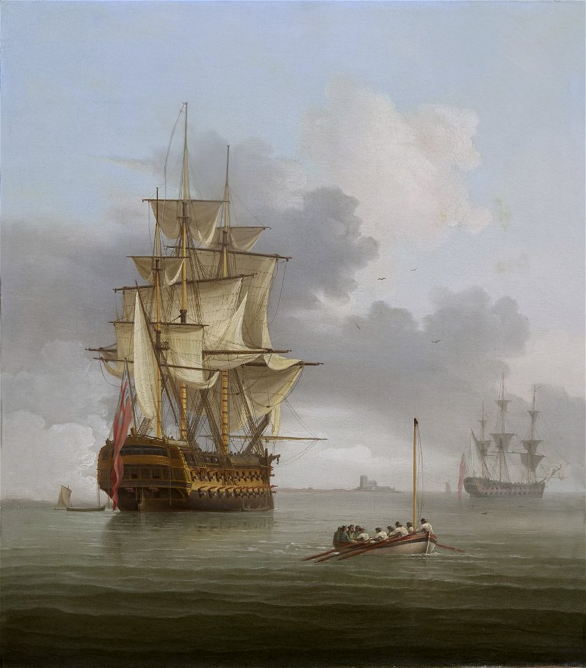 A becalmed man o'war firing a salute, by Thomas Whitcombe