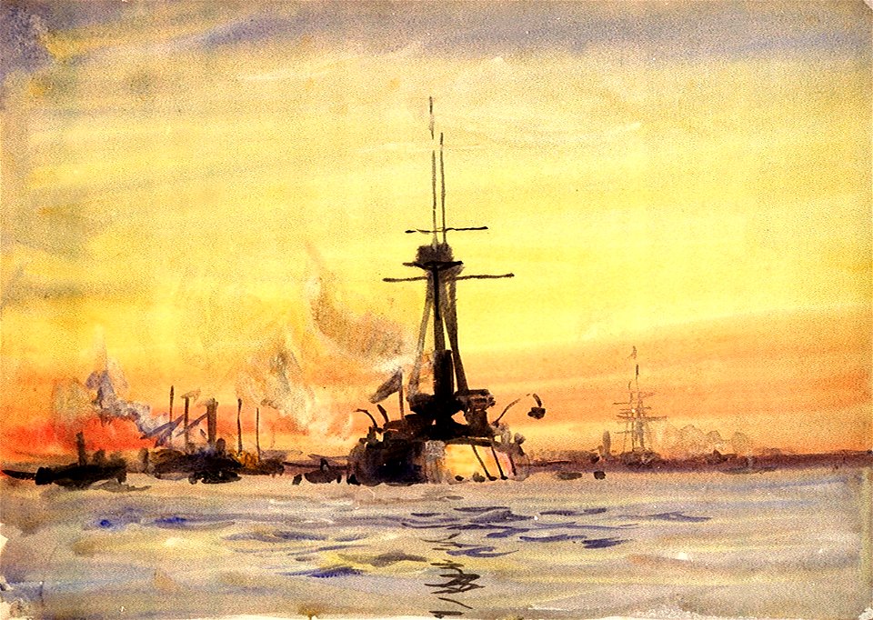 A battleship and other vessels at sunset, probably at Portsmouth RMG PU9998