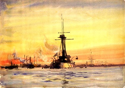 A battleship and other vessels at sunset, probably at Portsmouth RMG PU9998