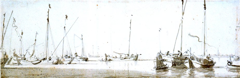 A boeier yacht, smalschip and other vessels at anchor in a Dutch harbour RMG PW6858