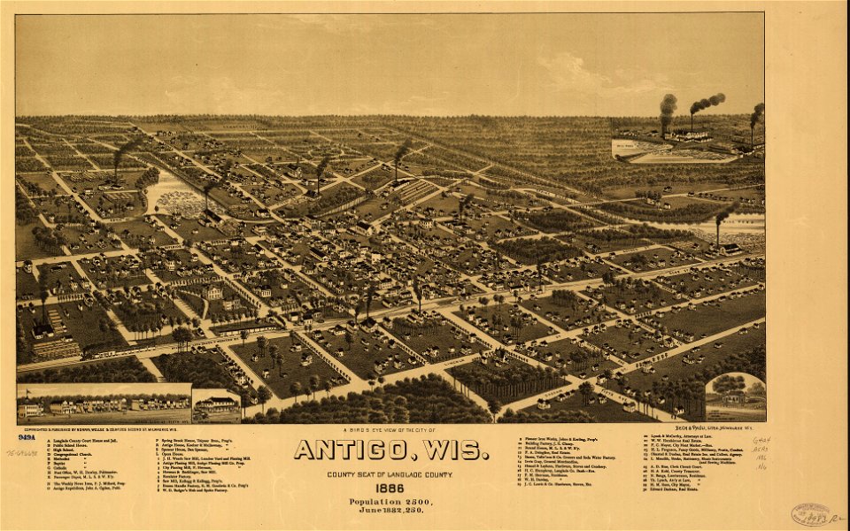 A bird's eye view of the city of Antigo, Wis. county seat of Langlade County 1886. LOC 75696698