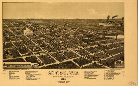 A bird's eye view of the city of Antigo, Wis. county seat of Langlade County 1886. LOC 75696698