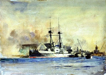 A battleship, probably the 'St Vincent', fitting out at at Portsmouth, about 1910 RMG PU9925