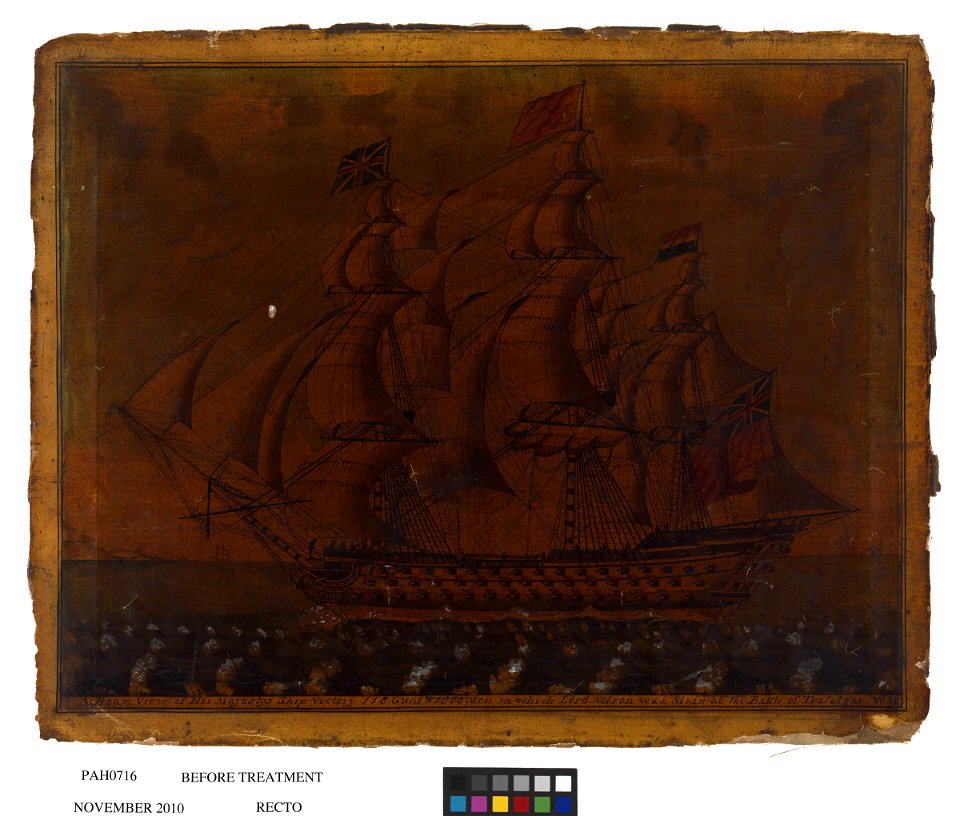 A Beam View of His Majestys Ship Victory 110 Guns and 1000 Men in which Lord Nelson was slain at the Battle of Trafalgar RMG L4517-001