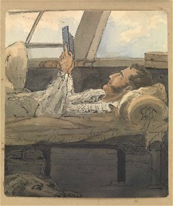 A cabin scene with man lying down reading a book RMG PZ4308