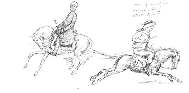 A caricature of a sailor galloping on horseback causing a mounted horse travelling in the opposite direction to rear, with inscription RMG PW2356