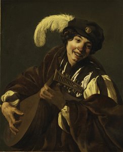 A Boy Playing the Lute ( Hearing , One of a Series of the Five Senses) (Hendrick Terbrugghen) - Nationalmuseum - 18490. Free illustration for personal and commercial use.