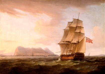 A British Man of War before the Rock of Gibraltar by Thomas Whitcombe. Free illustration for personal and commercial use.