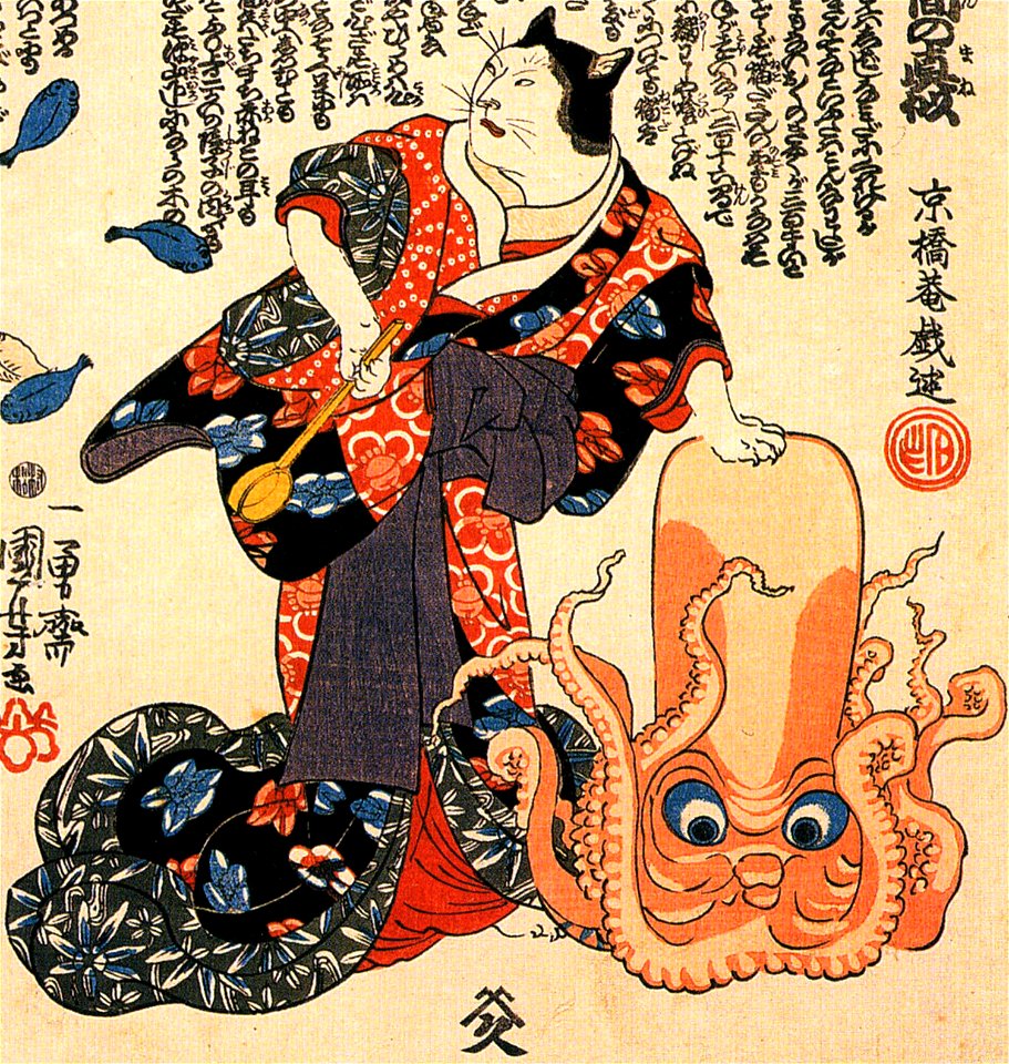 A cat dressed as a woman tapping the head of an octopus (cropped)