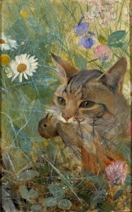A Cat with a Young Bird in its Mouth. Five studies in one frame NM 2223-2227 (Bruno Liljefors) - Nationalmuseum - 19287