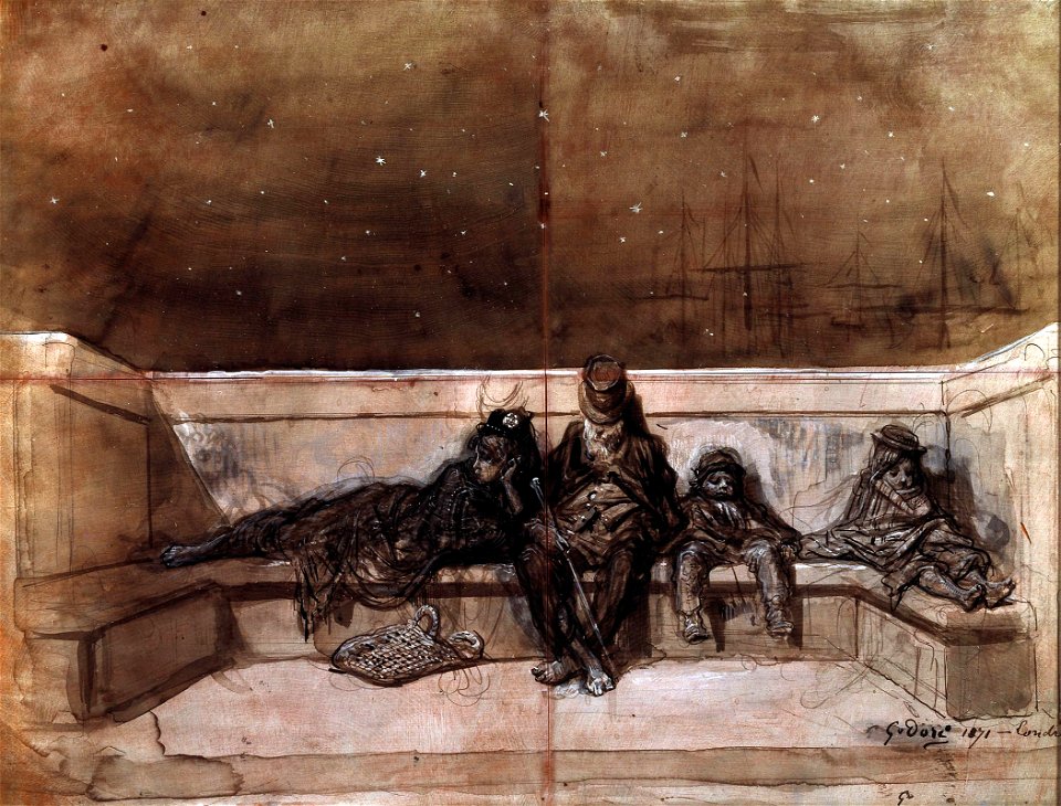 A Couple and Two Children Sleeping on a London Bridge) by Gustave Dore
