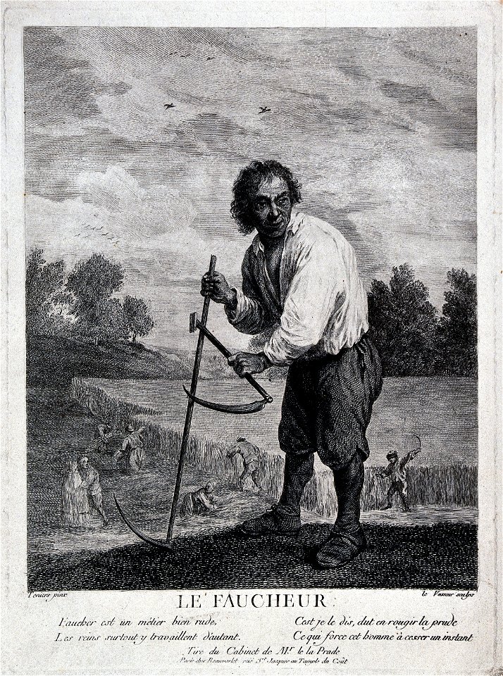 A corn-harvester, with a scythe and a sickle. Engraving by L Wellcome V0025646