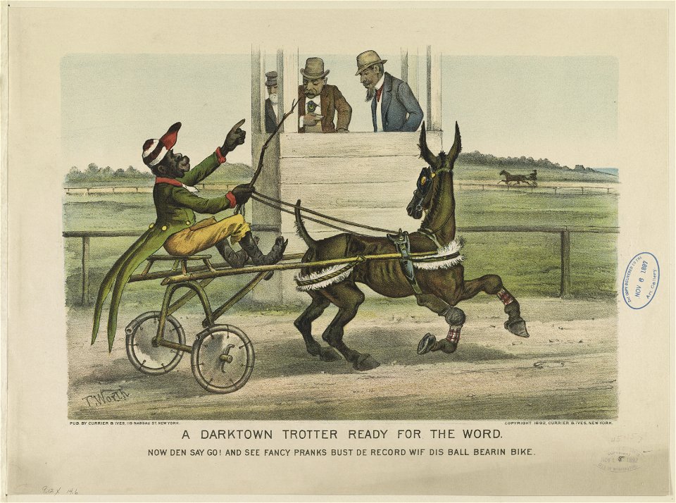 A darktown trotter ready for the word- Now den say go! and see fancy pranks bust de record wif dis ball bearin bike LCCN91790664