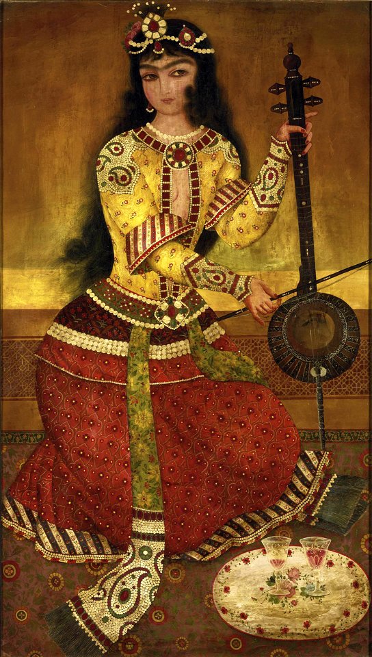 A court musician playing the kemanche, painting in style of Abul Qasim, Qajar Iran