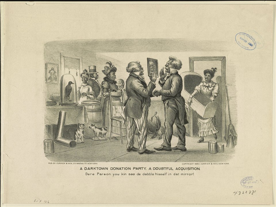 A darktown donation party, a doubtful acquisition- Dere parson you kin see de Debble hisself in dat mirror! LCCN91724378