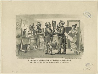 A darktown donation party, a doubtful acquisition- Dere parson you kin see de Debble hisself in dat mirror! LCCN91724378