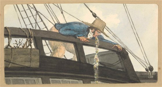 A deck scene with a man being seasick over the ship's rail RMG PZ4313