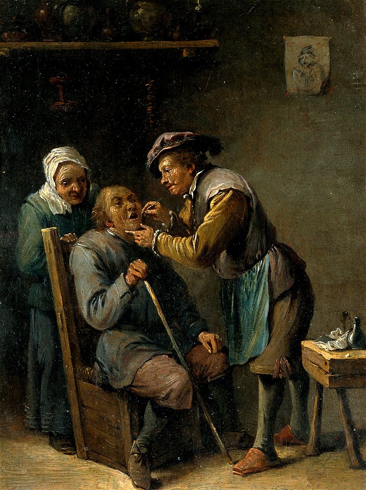 A dental surgeon treating a seated man. Oil painting in the Wellcome V0017187