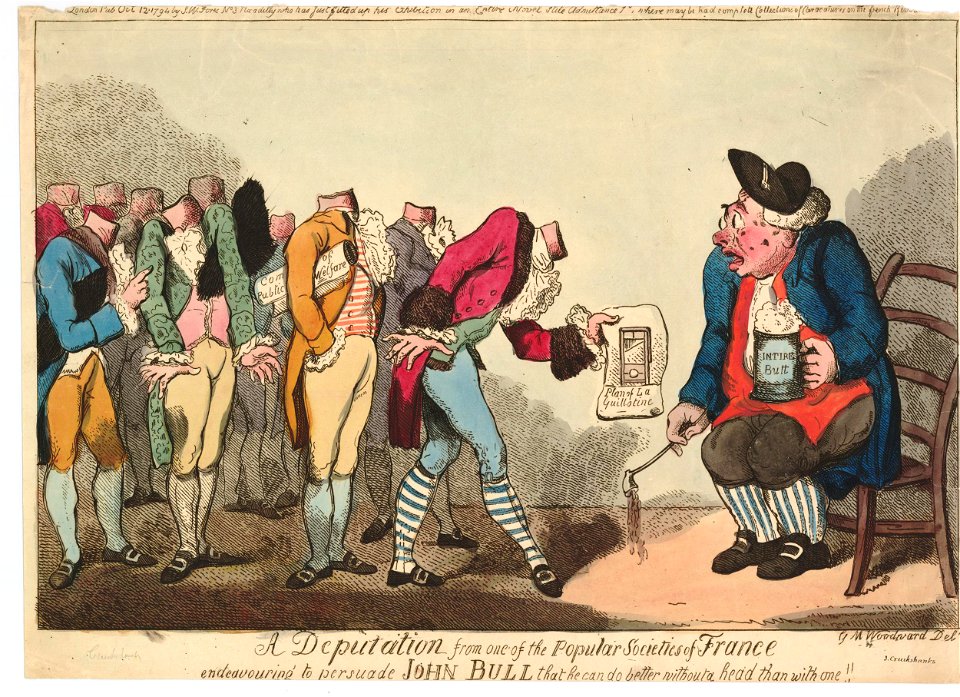 A deputation from one of the popular societies of France endeavouring to persuade John Bull that he can do better without a head than with one!! (BM 1868,0808.6364)