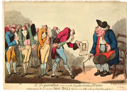 A deputation from one of the popular societies of France endeavouring to persuade John Bull that he can do better without a head than with one!! (BM 1868,0808.6364)