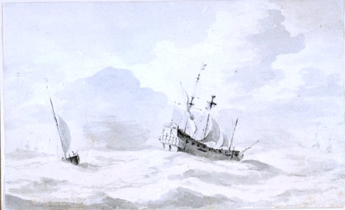 A dismasted Dutch ship and a galjoot in a heavy sea RMG PW6923