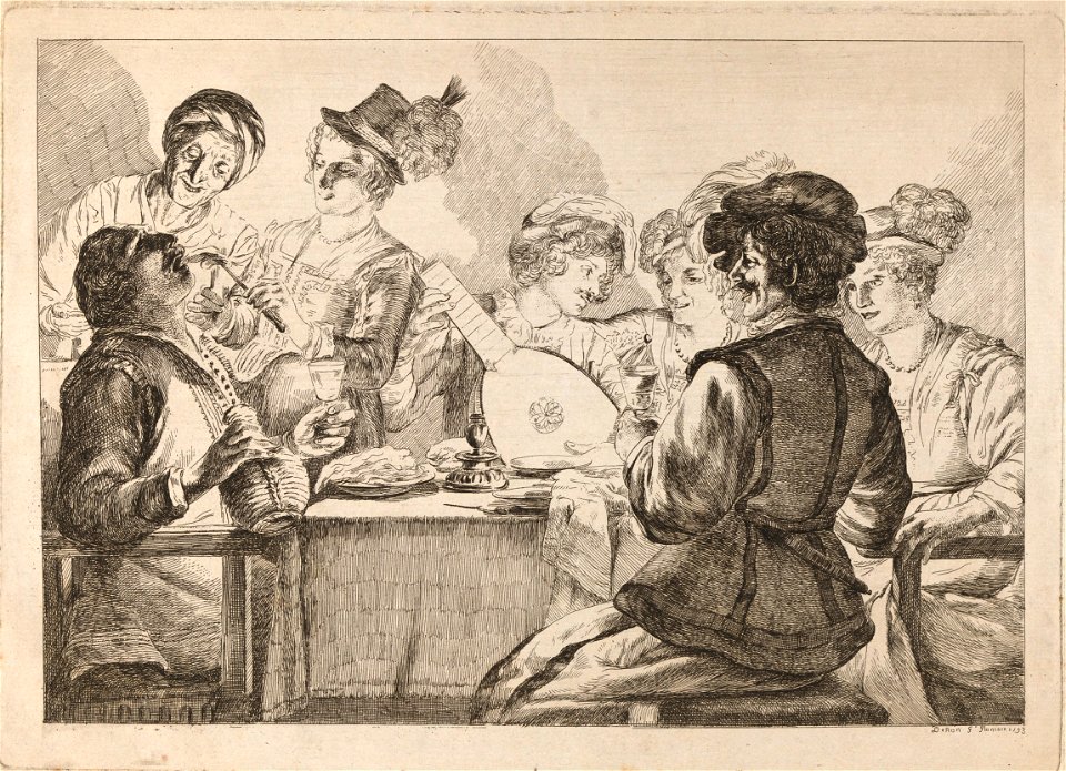 A dinner party - a young man plays the lute while a young woman puts a piece of meat into the mouth of the man at the head of the table Etching by Vivant Denon, 1793, after G. Honthorst. (Wellcome collection)