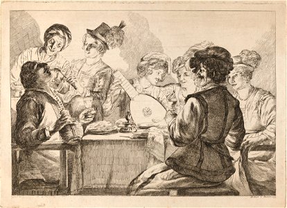 A dinner party - a young man plays the lute while a young woman puts a piece of meat into the mouth of the man at the head of the table Etching by Vivant Denon, 1793, after G. Honthorst. (Wellcome collection)