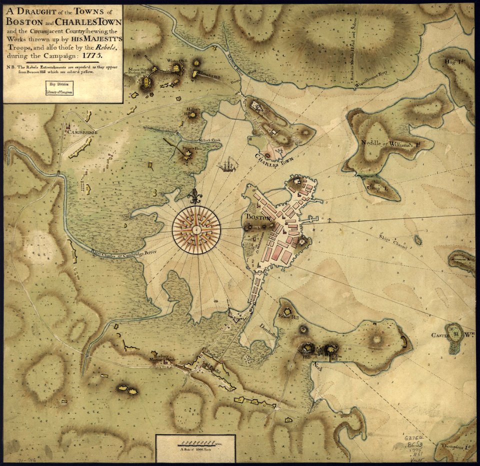 A draught of the towns of Boston and Charles Town and the circumjacent country shewing the works thrown up by His Majesty's troops, and also those by the rebels, during the campaign- 1775. LOC gm71000916