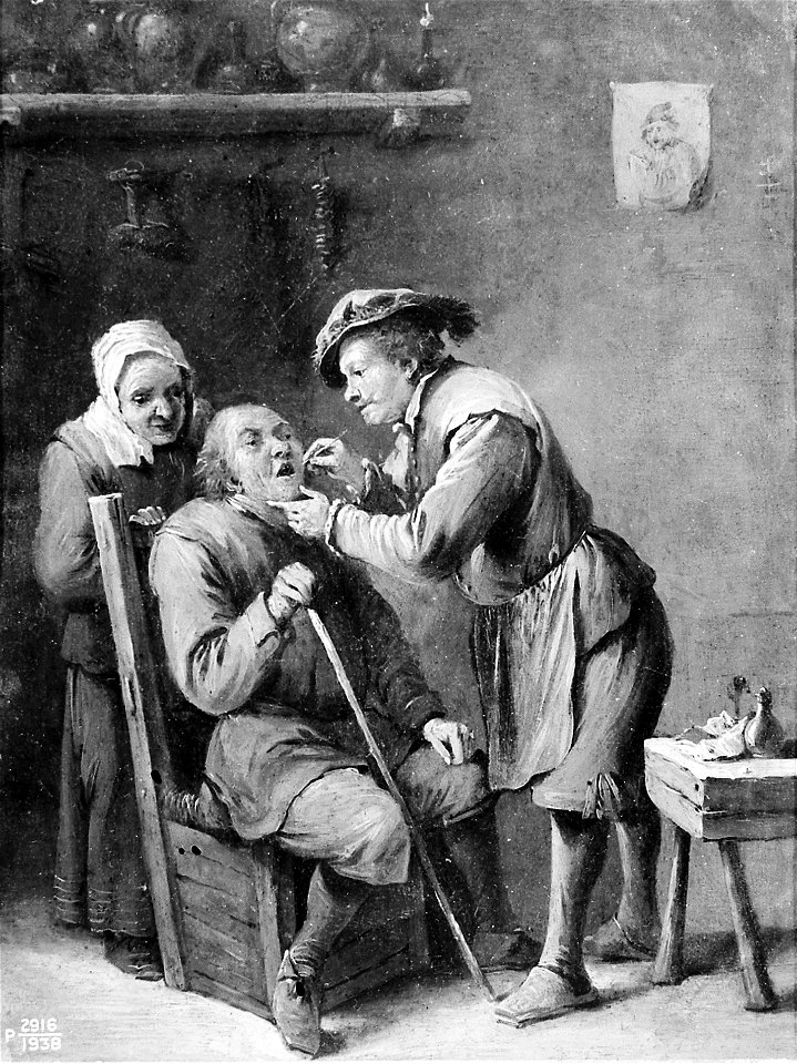 A dental surgeon treating a seated man. Oil painting in the Wellcome M0007649