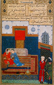 A drunken prince assaults a Chinese maiden.Miniature from Gulistan Sa'di. Herat, 1427. Chester Beatty Library, Dublin. f.16r