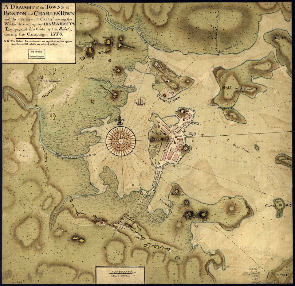 A draught of the towns of Boston and Charles Town and the circumjacent country shewing the works thrown up by His Majesty's troops, and also those by the rebels, during the campaign- 1775. LOC gm71000916