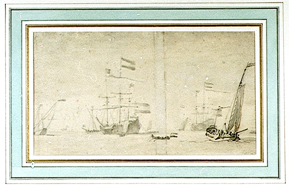 A Dutch bezan yacht before the wind with flagships at anchor RMG PU0722