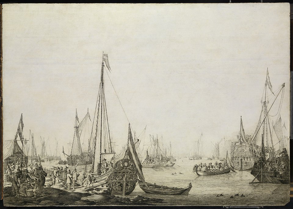 A Dutch Bezan Yacht and many other Vessels in a Crowded Harbour beside a Tavern RMG L9566