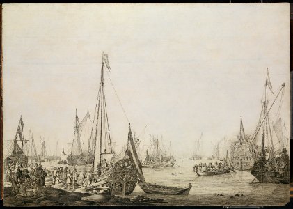 A Dutch Bezan Yacht and many other Vessels in a Crowded Harbour beside a Tavern RMG L9566