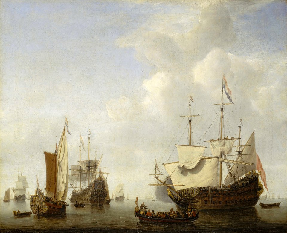 A Dutch flagship coming to anchor with a States yacht before a light air RMG BHC0910