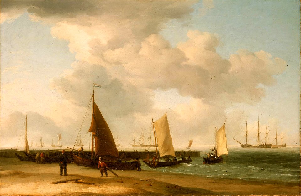 A Dutch Beach Scene with a Man-of-War in the Distance RMG BHC1033
