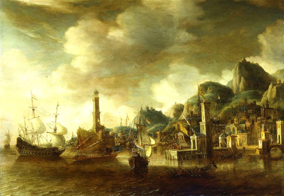A Dutch Flagship and a Fluyt Running into a Mediterranean Harbour RMG BHC0811