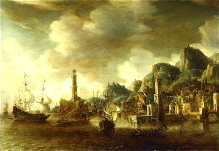 A Dutch Flagship and a Fluyt Running into a Mediterranean Harbour RMG BHC0811