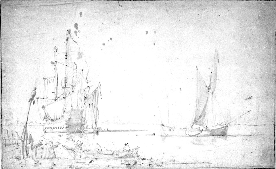 A Dutch ship and a wijdschip becalmed in a Dutch harbour RMG PW6979