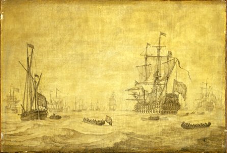 A Dutch two-decker and a galjoot lying-by with the fleet at sea, ca.1672 RMG BHC0857