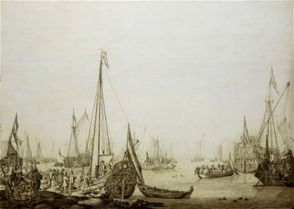 A Dutch Bezan Yacht and many other Vessels in a Crowded Harbour beside a Tavern RMG BHC0862