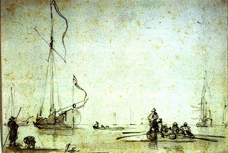 A Dutch Yacht at anchor and a boat pulling in to the shore RMG PV5264