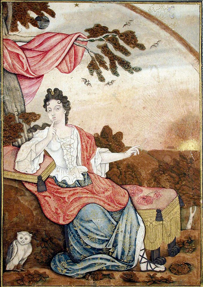 A European woman seated under a branch, with an owl (6125078454)