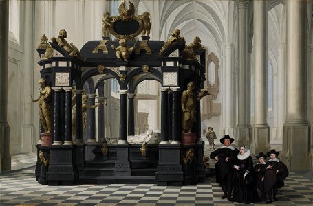 A family beside the Tomb of Prince William i in the Nieuwe Kerk, Delft, by Dirck van Delen