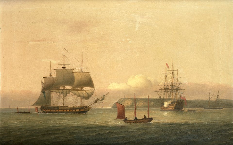 A First Rater, believed to be Nelson's flagship H.M.S. 'Victory' at anchor in Tor Bay, saluting the arrival of the frigate H.M.S. 'Anson'