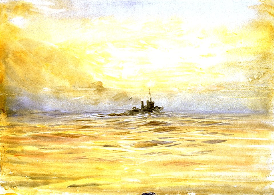 A fighting vessel, probably a destroyer, under way at sunset RMG PV0082